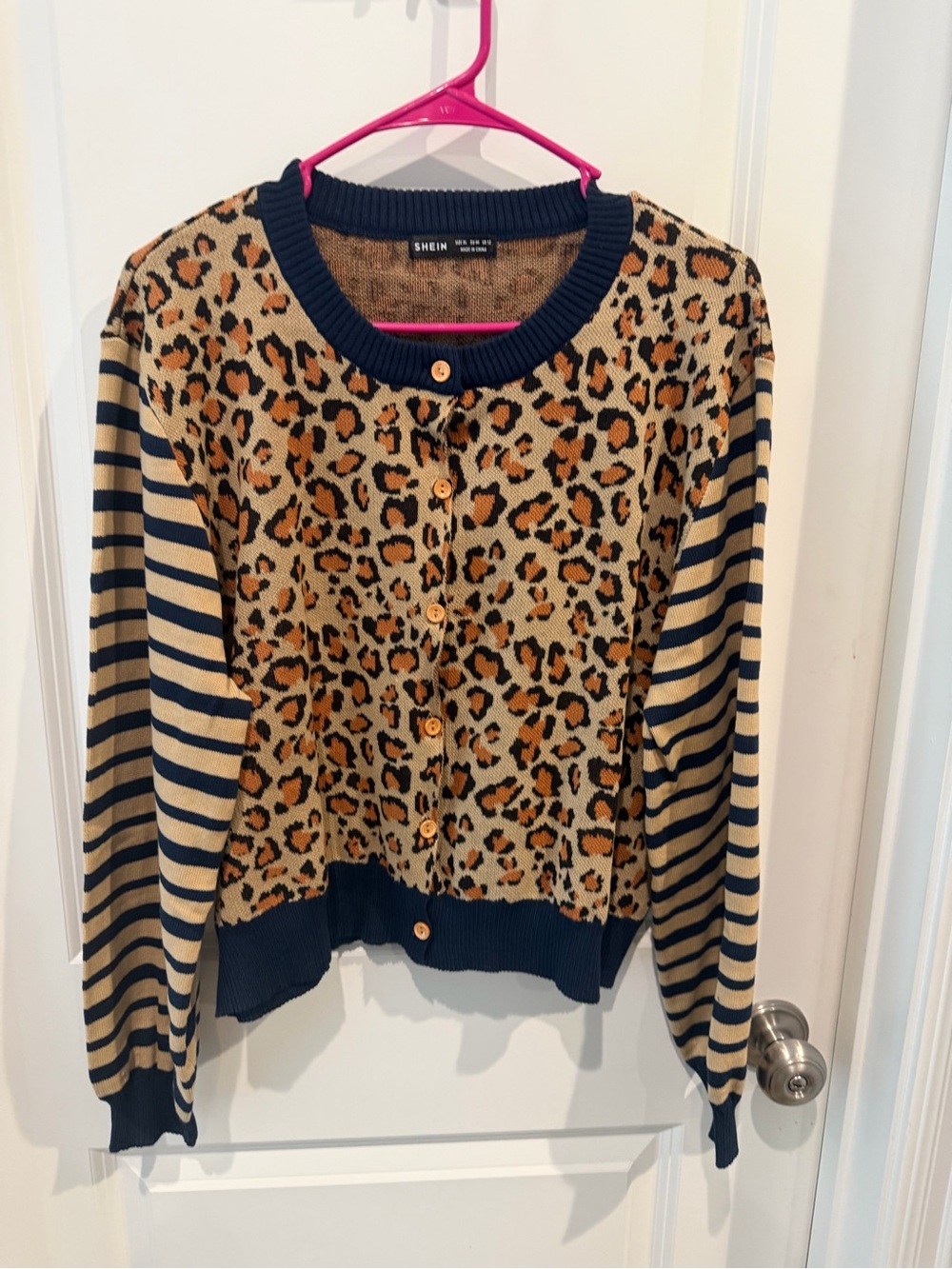 SHEIN Tan Leopard Print Cardigan with Navy Stripes Size XL